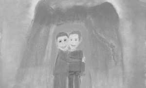 Child's painting of two kid friends hugging