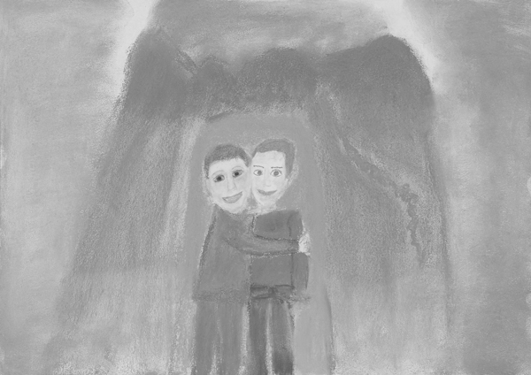 Child's painting of two kid friends hugging